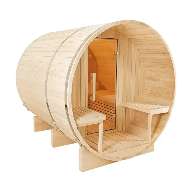 CenturaHeat 4-6 Person Outdoor Hemlock Wood Barrel Sauna porch